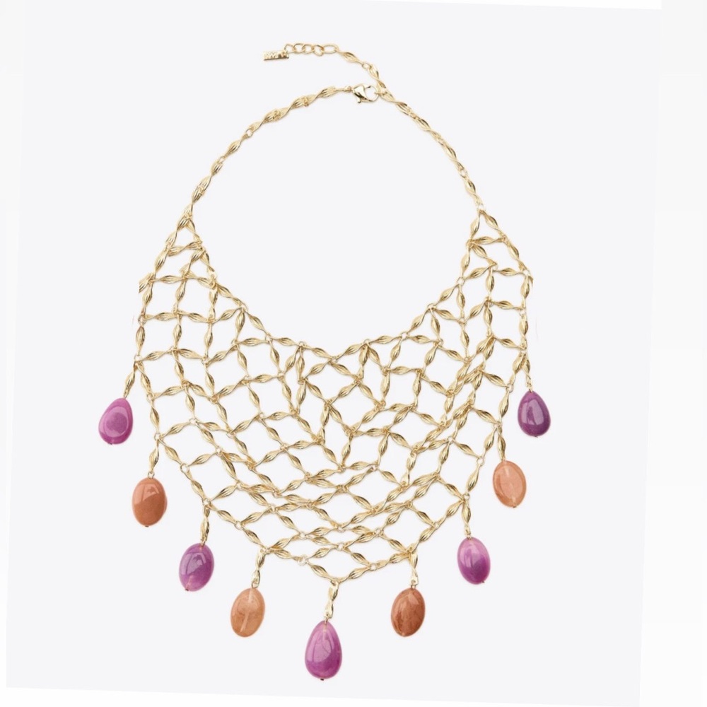 NWT Zara Woman Accessories Bib Necklace Mesh With Orange and Purple Beads